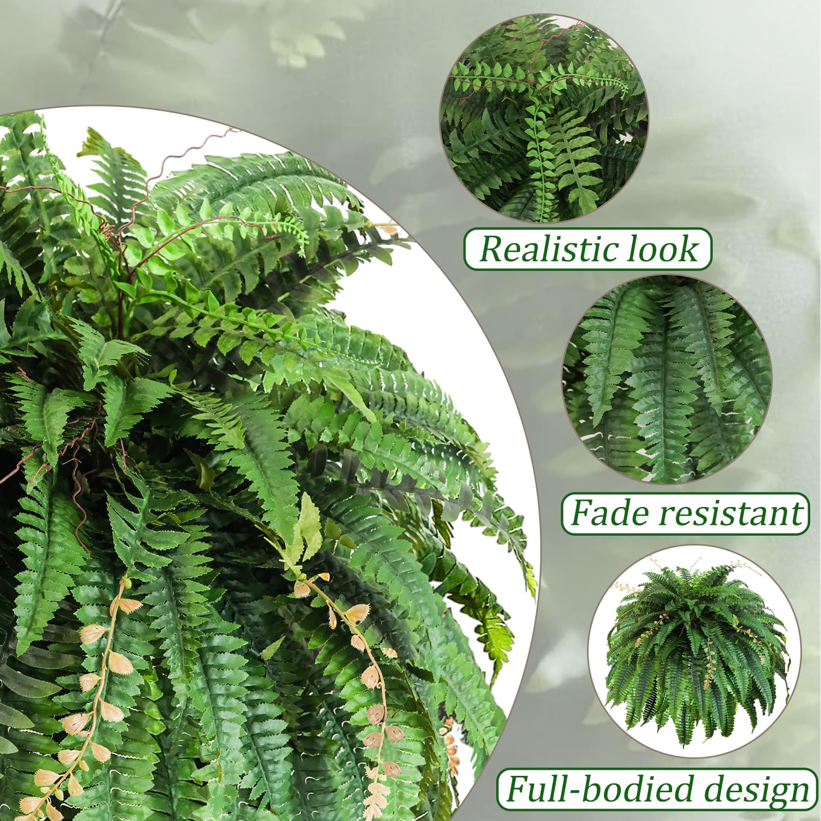 Cherica UV-resistant fern demonstrates fade-lock protection for outdoor decor.
