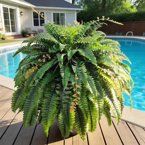 Cherica weatherproof fern withstands rain and sun without fading.