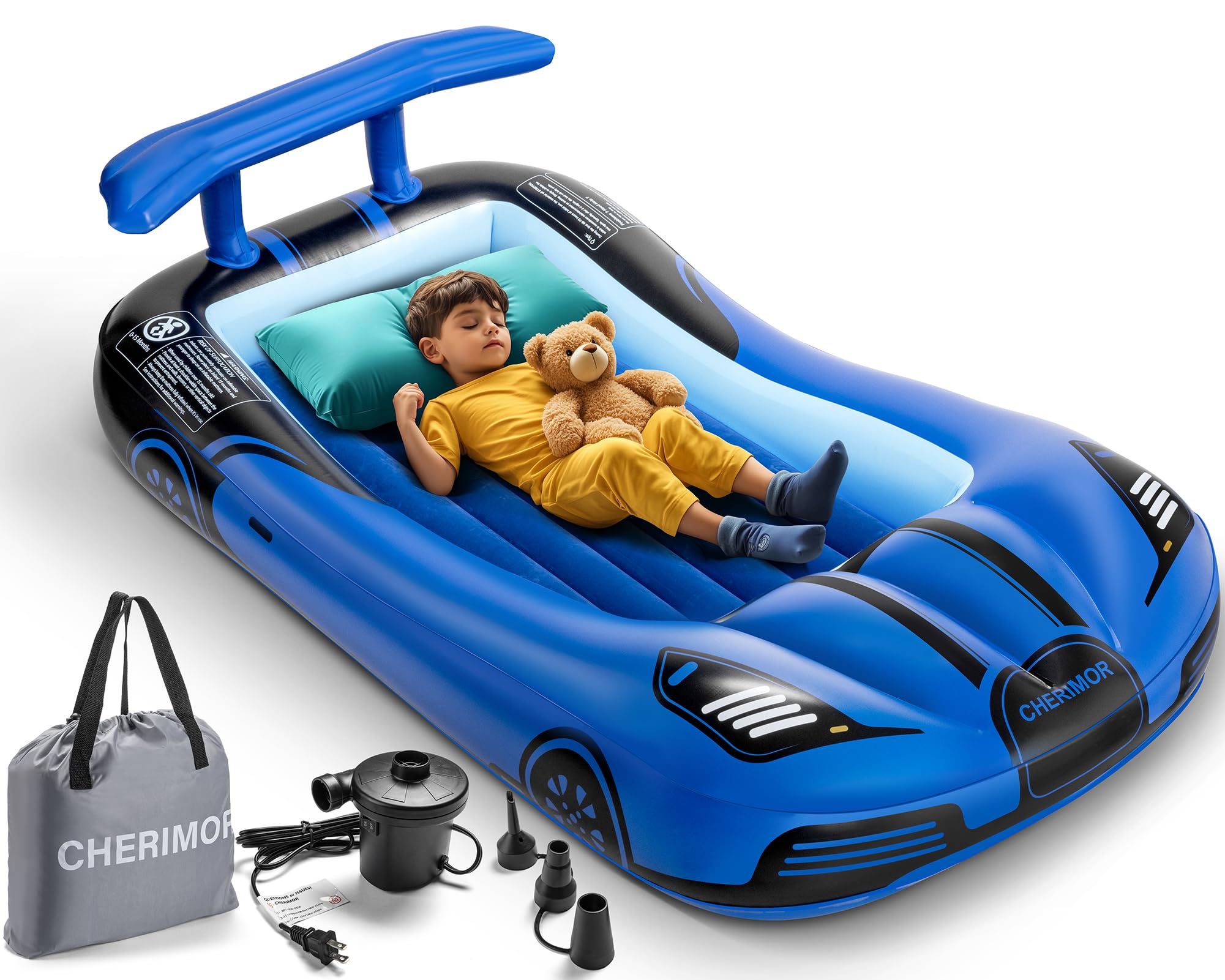 CHERIMOR inflatable toddler bed shown with carry bag for easy travel and storage
