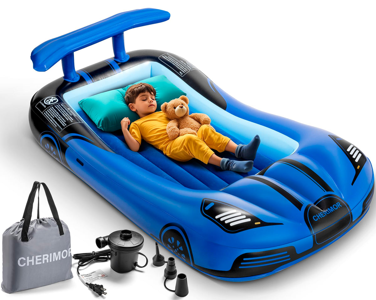 CHERIMOR inflatable toddler bed shown with carry bag for easy travel and storage