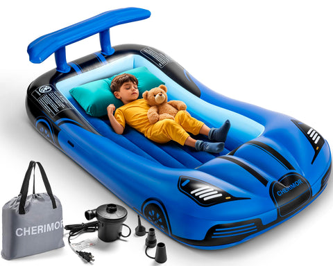 CHERIMOR inflatable toddler bed shown with carry bag for easy travel and storage