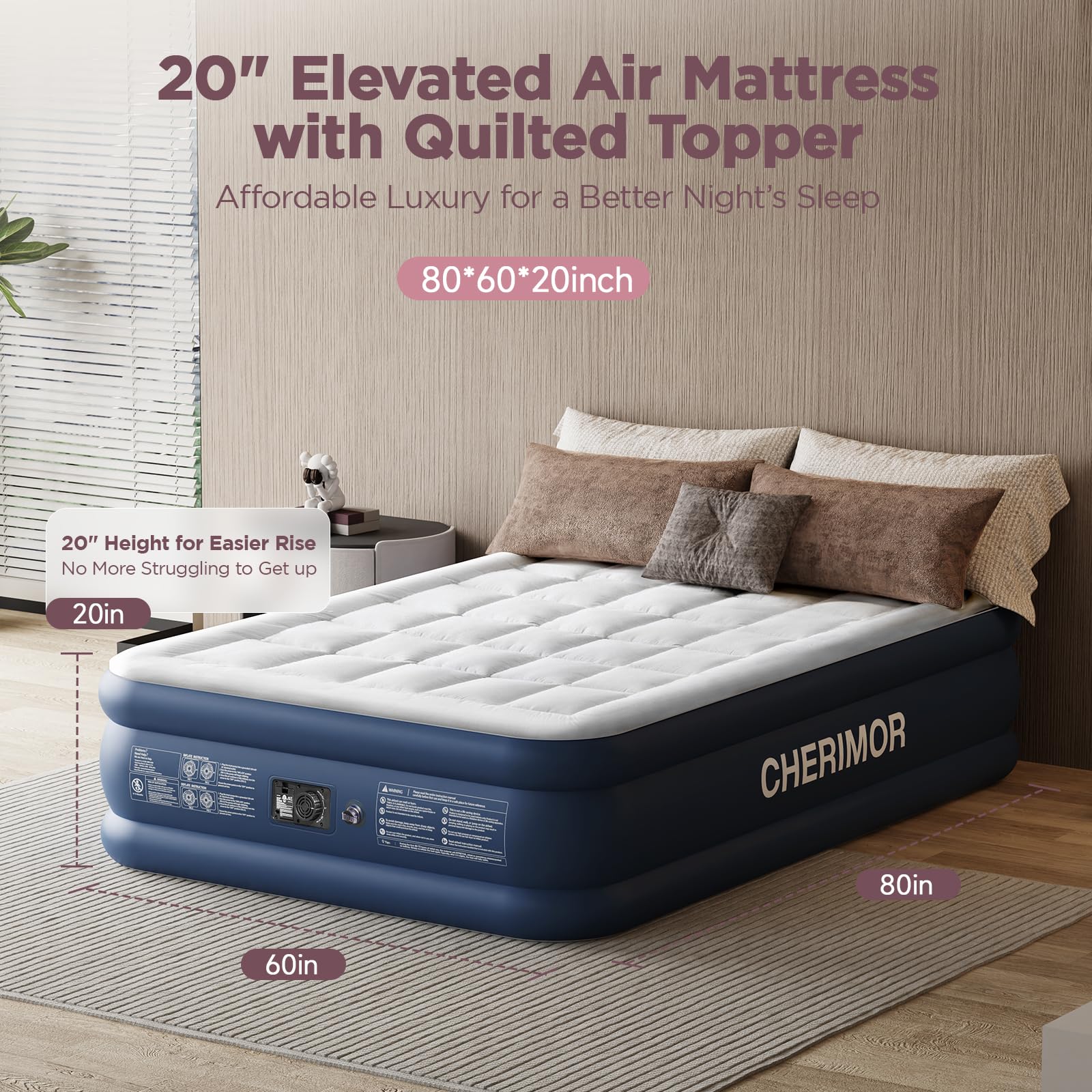 CHERIMOR Queen Air Mattress 20-inch height provides bed-like accessibility.