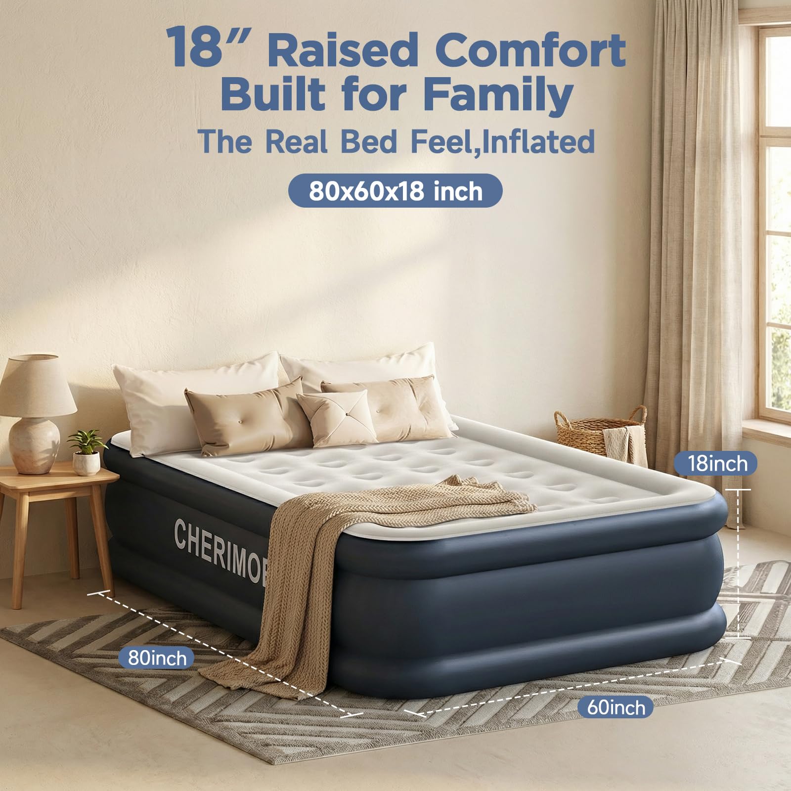 CHERIMOR Queen air mattress 3-minute inflation highlights fast setup