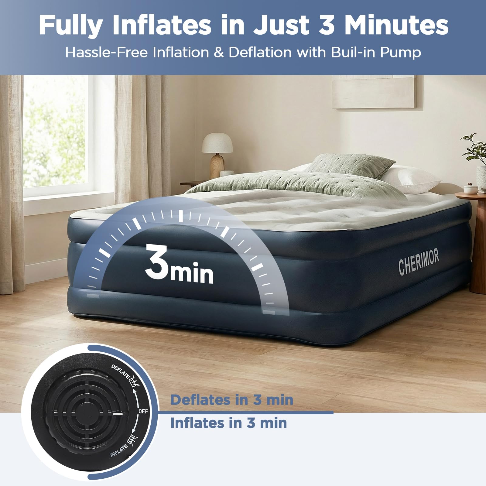 CHERIMOR Queen air mattress 5-layer leak-proof design reduces air loss