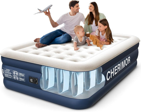 CHERIMOR Queen air mattress with built-in pump shows quick setup for guests