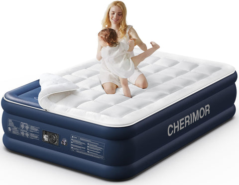 CHERIMOR Queen Air Mattress built-in pump enables quick setup for guests.
