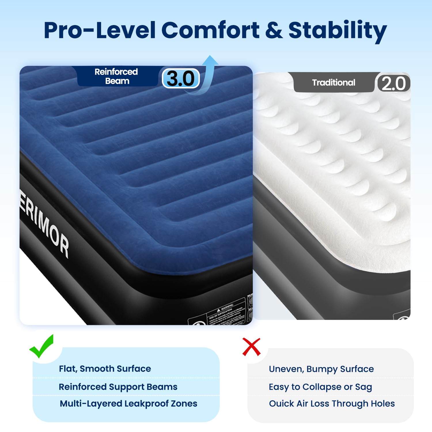 CHERIMOR Queen air mattress edge-to-edge support for stable sleep