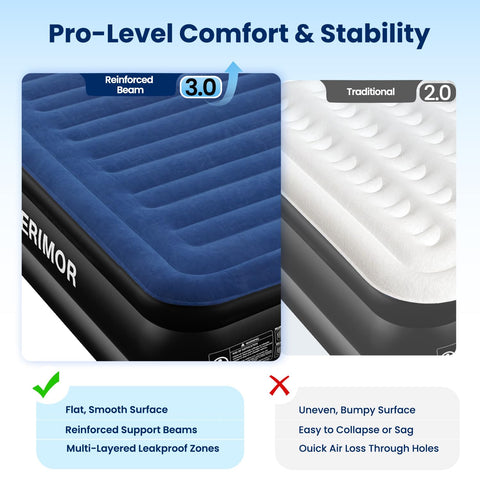 CHERIMOR Queen air mattress edge-to-edge support for stable sleep