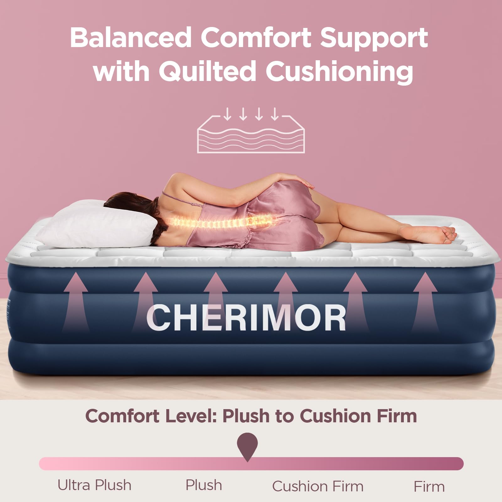 CHERIMOR Queen Air Mattress fast inflation with built-in pump for convenience.