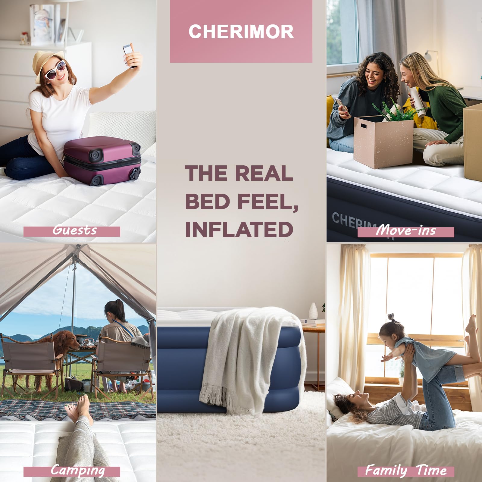 CHERIMOR Queen Air Mattress reinforced seams reduce sag for stability.