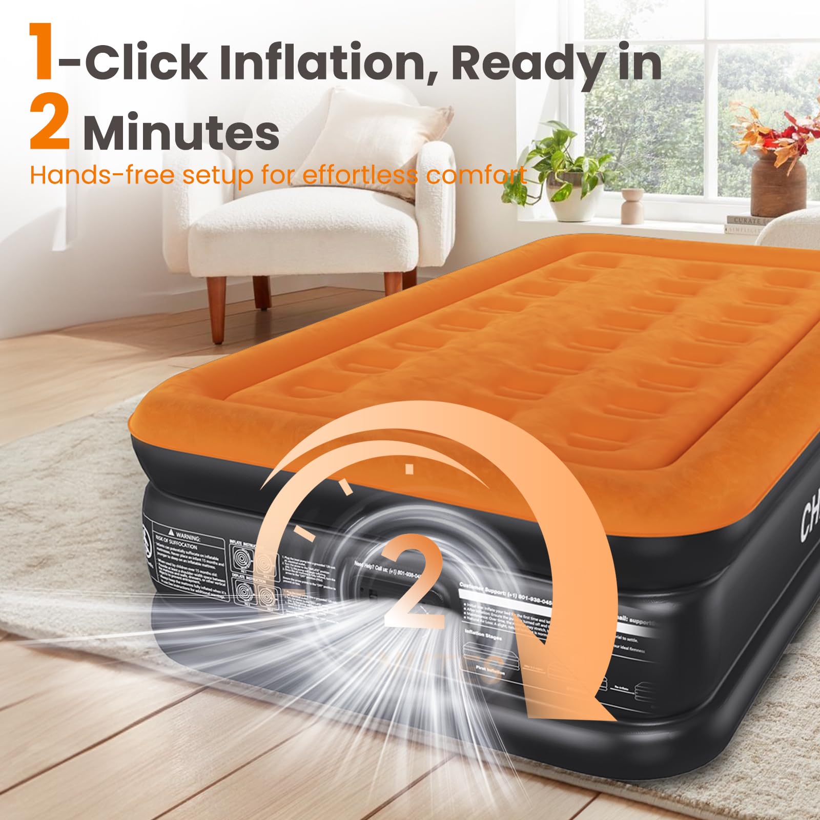 CHERIMOR Twin XL air mattress inflates in about two minutes