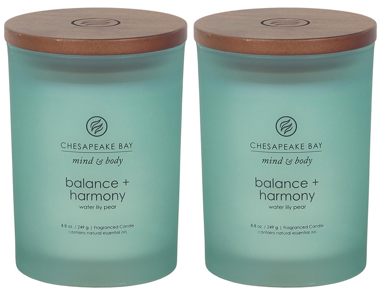 Chesapeake Bay Balance Harmony candle in frosted jar with water lily and pear fragrance for soothing scent ambience.