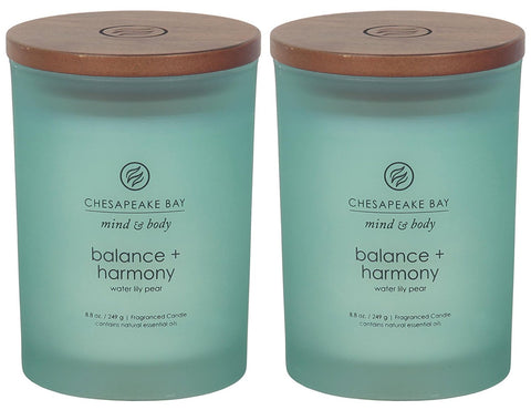 Chesapeake Bay Balance Harmony candle in frosted jar with water lily and pear fragrance for soothing scent ambience.