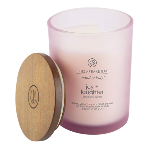 Chesapeake Bay Candle Joy + Laughter cranberry dahlia flame glow enhances relaxing ambiance
