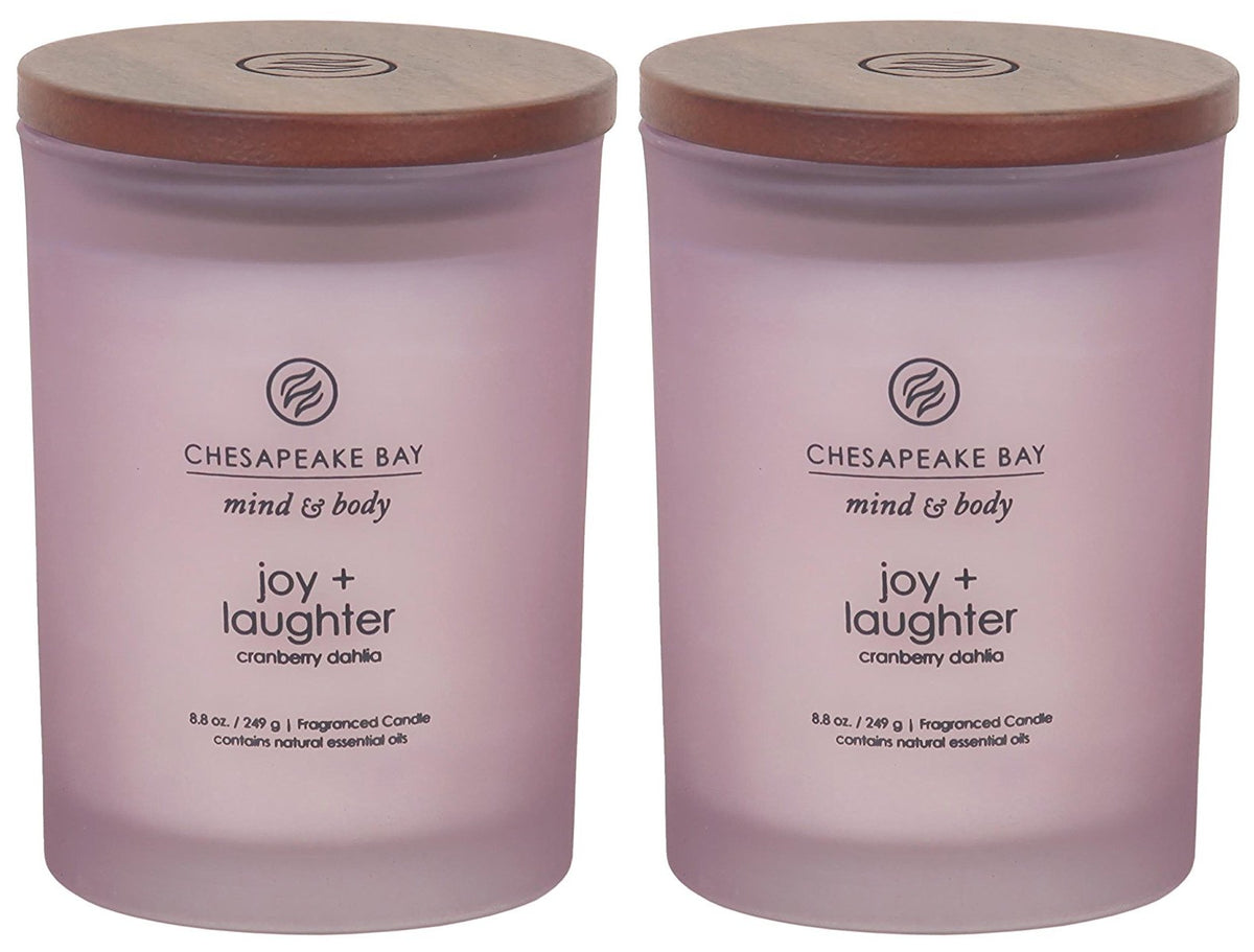 Chesapeake Bay Candle Joy + Laughter cranberry dahlia jar glows softly for a cozy evening