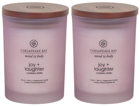 Chesapeake Bay Candle Joy + Laughter cranberry dahlia jar glows softly for a cozy evening