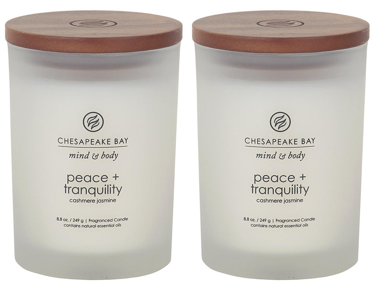 Chesapeake Bay Candle Peace + Tranquility cashmere jasmine jar glows softly for a calming space.