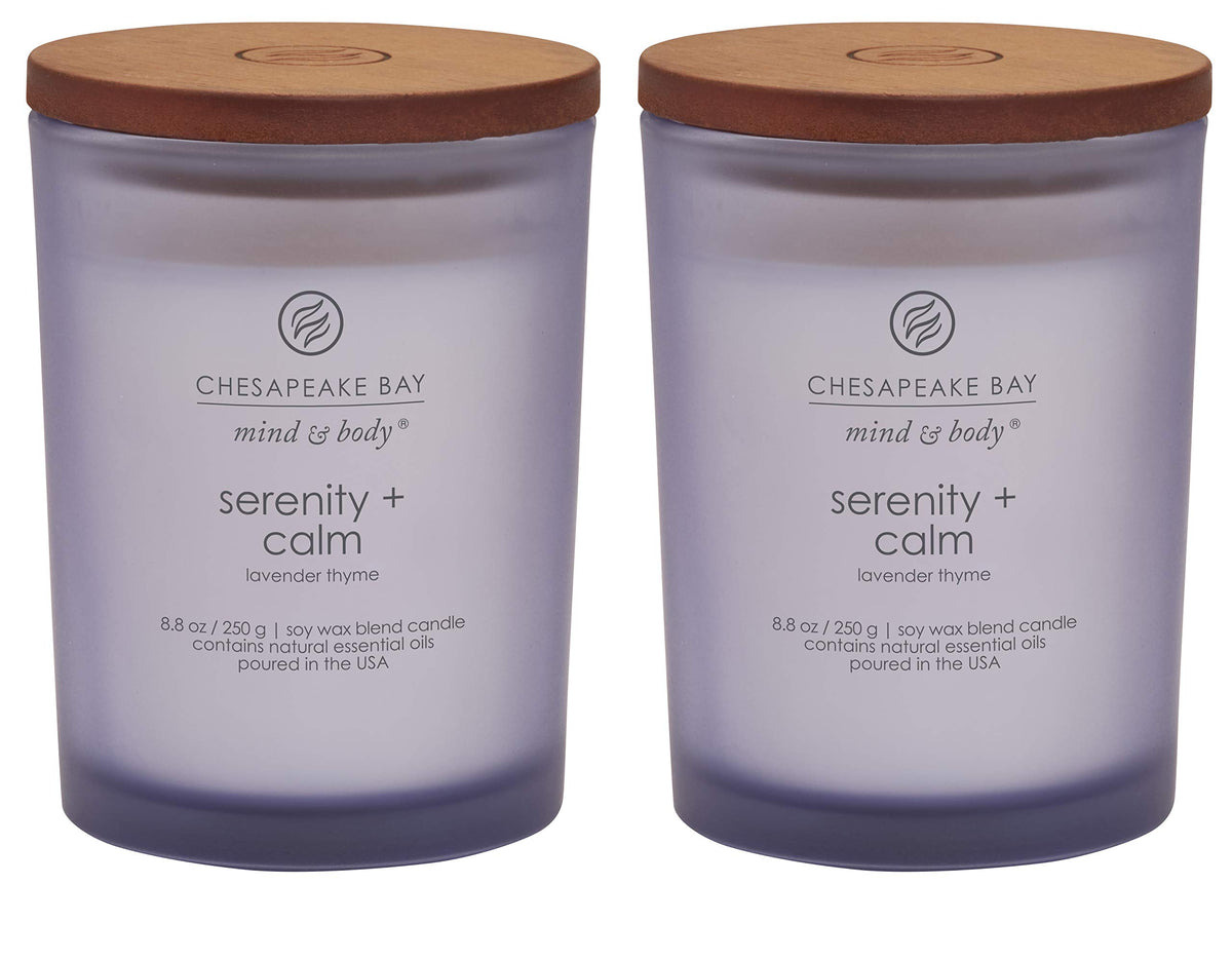 Chesapeake Bay Candle Serenity Calm lavender thyme medium jar two-pack on shelf provides tranquil home ambiance.