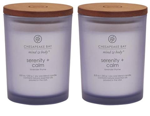 Chesapeake Bay Candle Serenity Calm lavender thyme medium jar two-pack on shelf provides tranquil home ambiance.