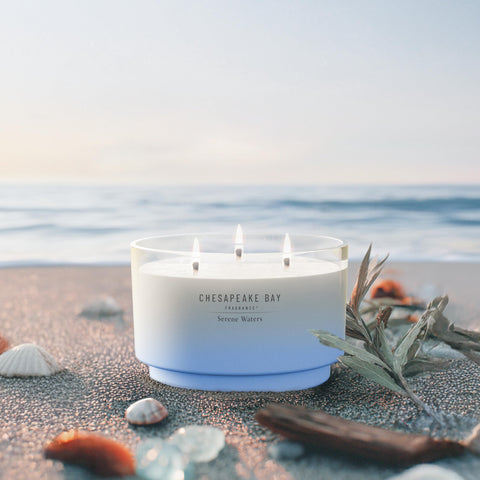 Chesapeake Bay Candle Serene Waters embossed lid adds silver-brushed elegance