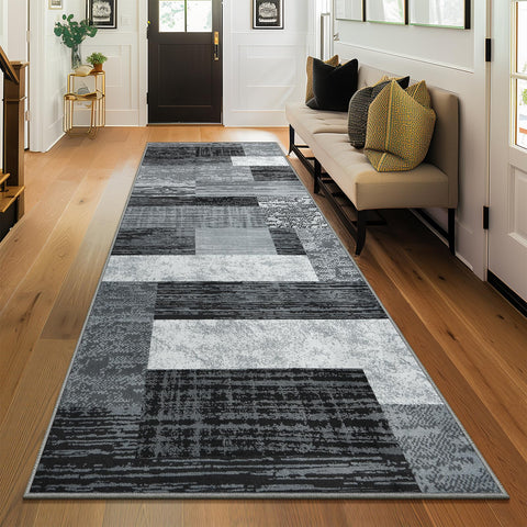 Chewoo Rockwood indoor runner in gray geometric patchwork for stylish hallway decor.