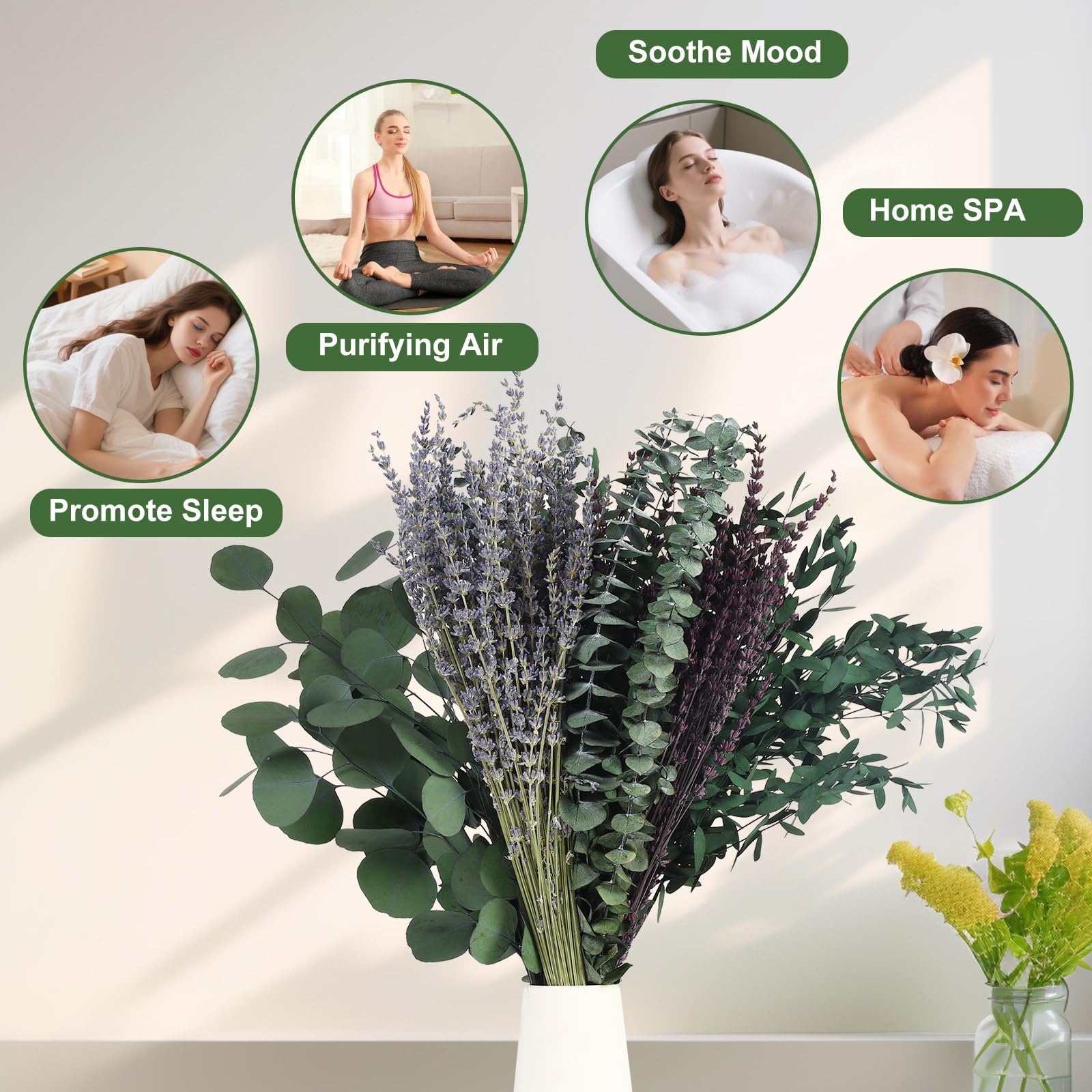Chflost shower decor with preserved eucalyptus for spa-style ambiance.