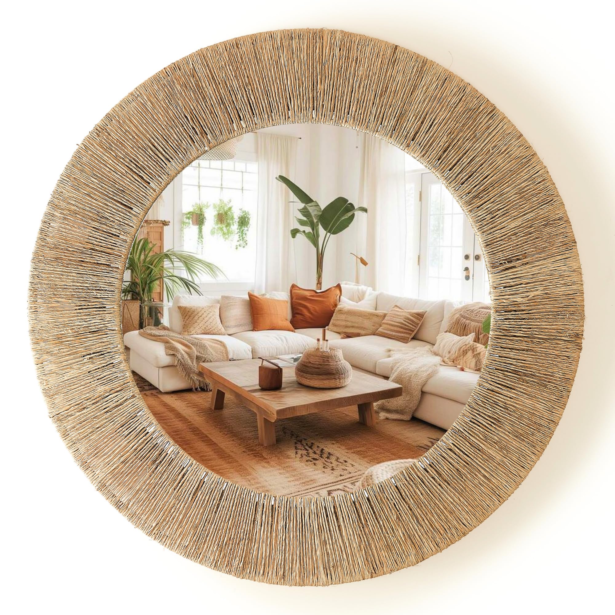 Chi An Home 24-inch natural jute mirror with rustic texture for living spaces.