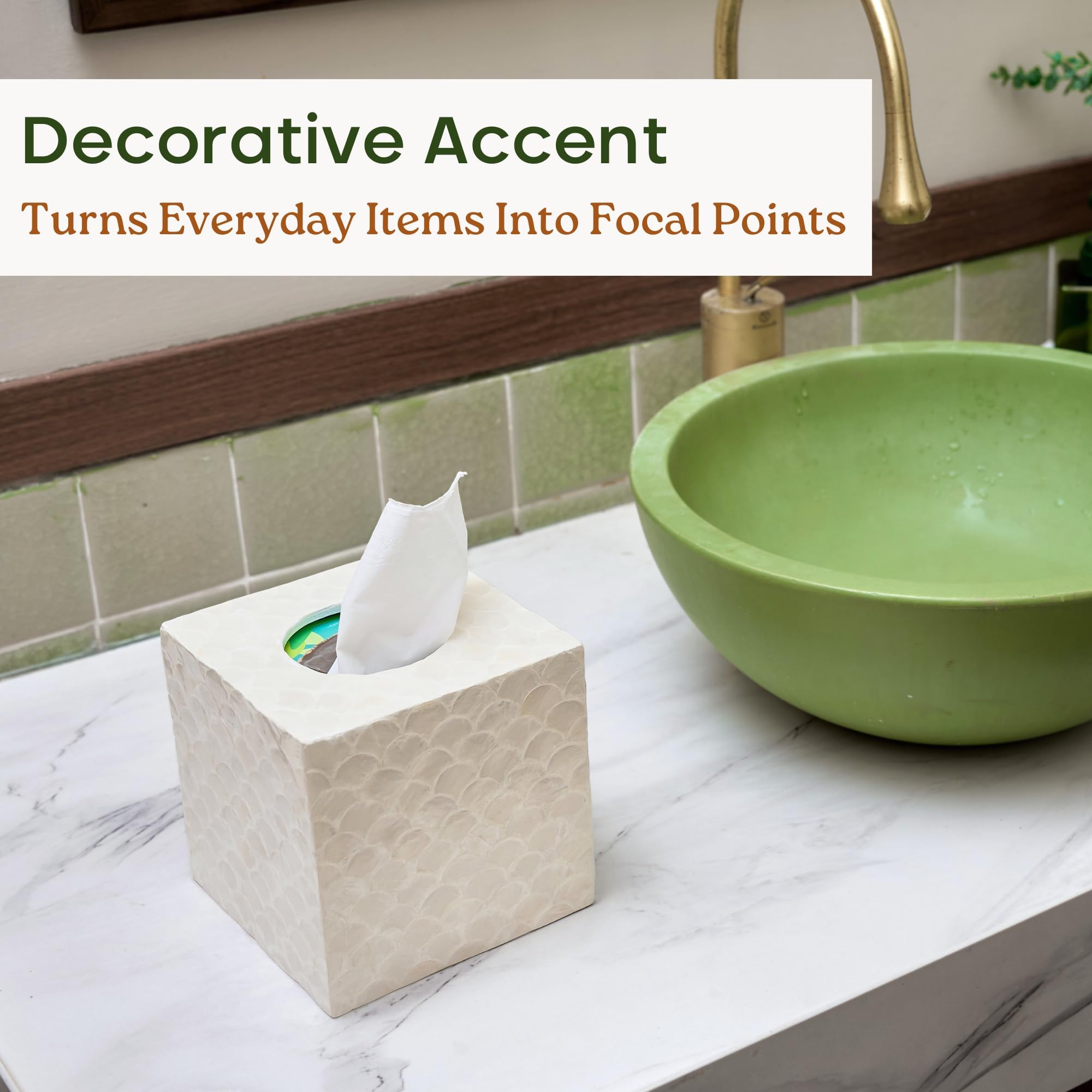 Chi An Home capiz cover in bathroom or dresser enhances coastal style.