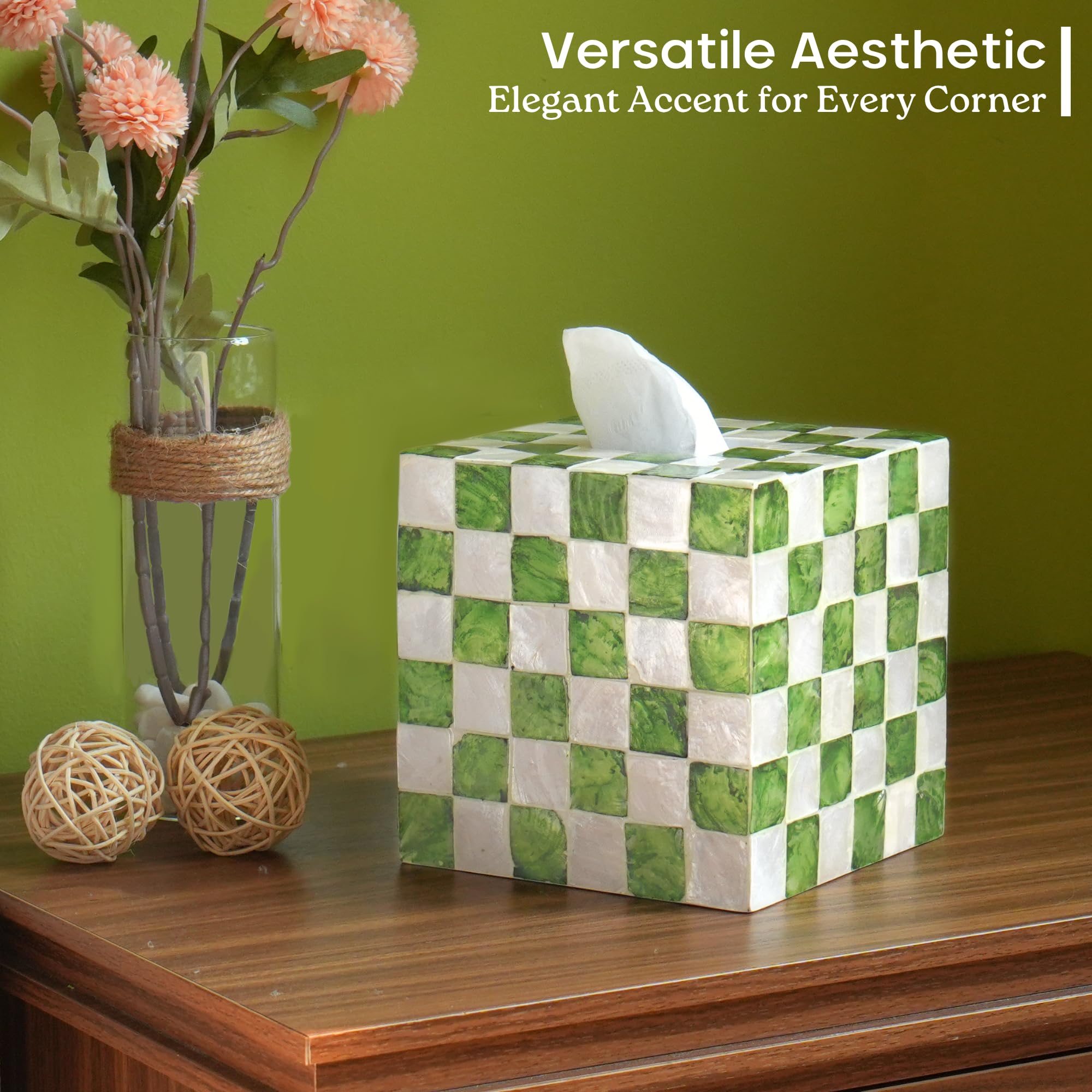 Chi An Home capiz shells add handcrafted elegance to tissue box.