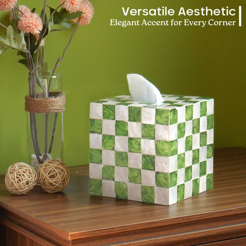 Chi An Home capiz shells add handcrafted elegance to tissue box.