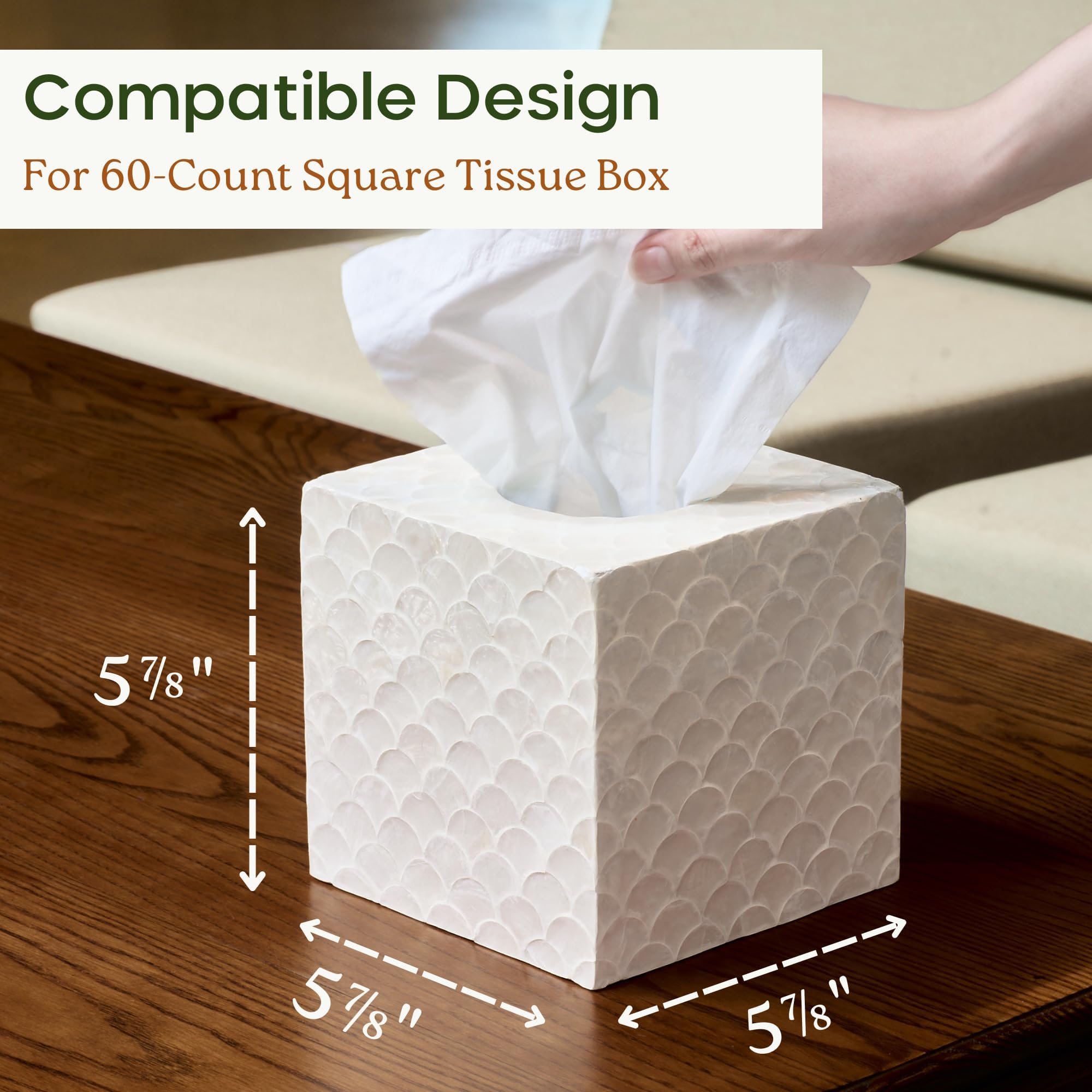 Chi An Home capiz tissue box cover bottom slider detail highlights easy access.