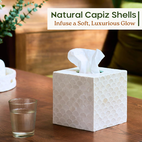 Chi An Home capiz tissue box cover fits standard square boxes securely.