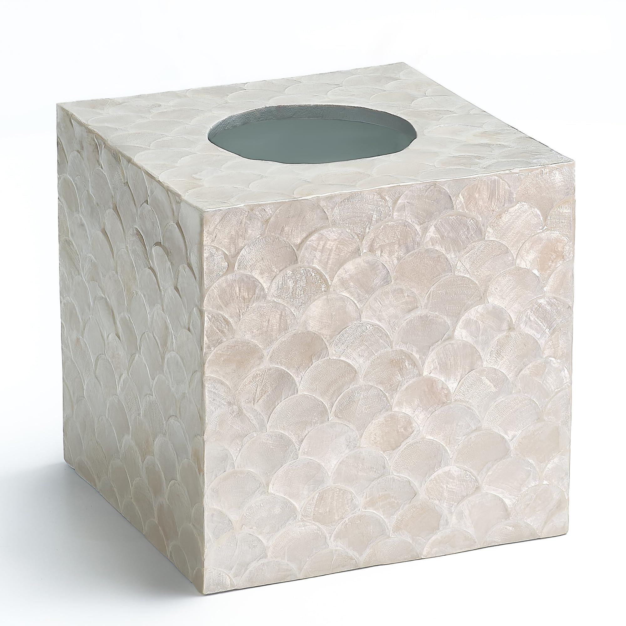 Chi An Home capiz tissue box cover front view showing iridescent mosaic.