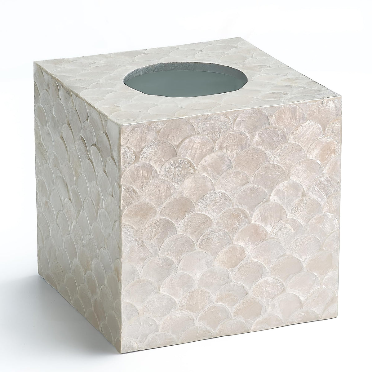 Chi An Home capiz tissue box cover front view showing iridescent mosaic.