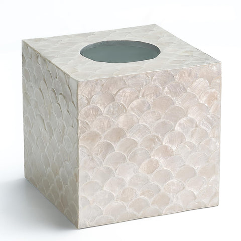 Chi An Home capiz tissue box cover front view showing iridescent mosaic.