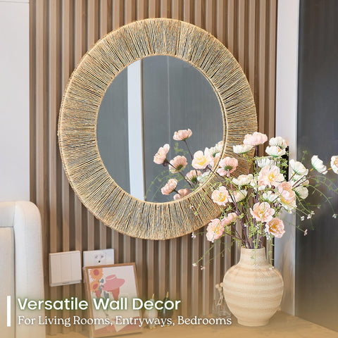 Chi An Home mirror brightens living room by reflecting natural light.