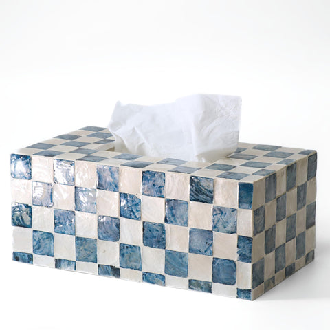 Chi An Home navy checkered tissue box cover front view, elevating living room decor