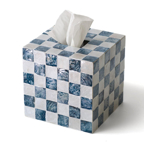 Chi An Home square tissue box cover with navy capiz shells elevates living room décor.