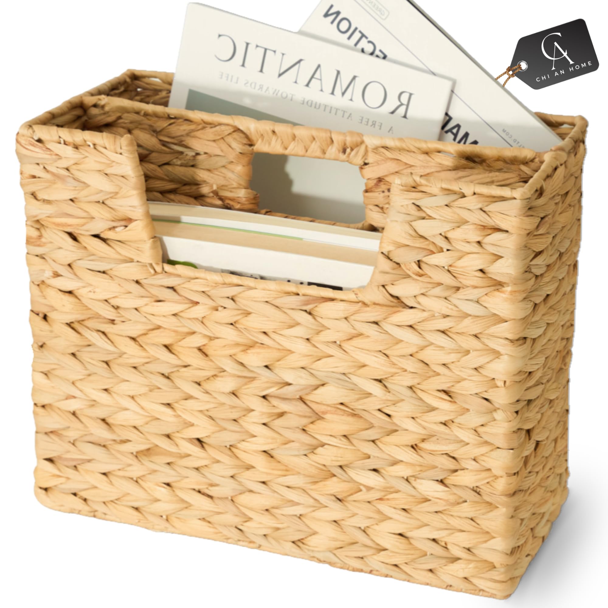 Chi An Home wicker magazine basket handwoven from water hyacinth adds tidy organization to living spaces.