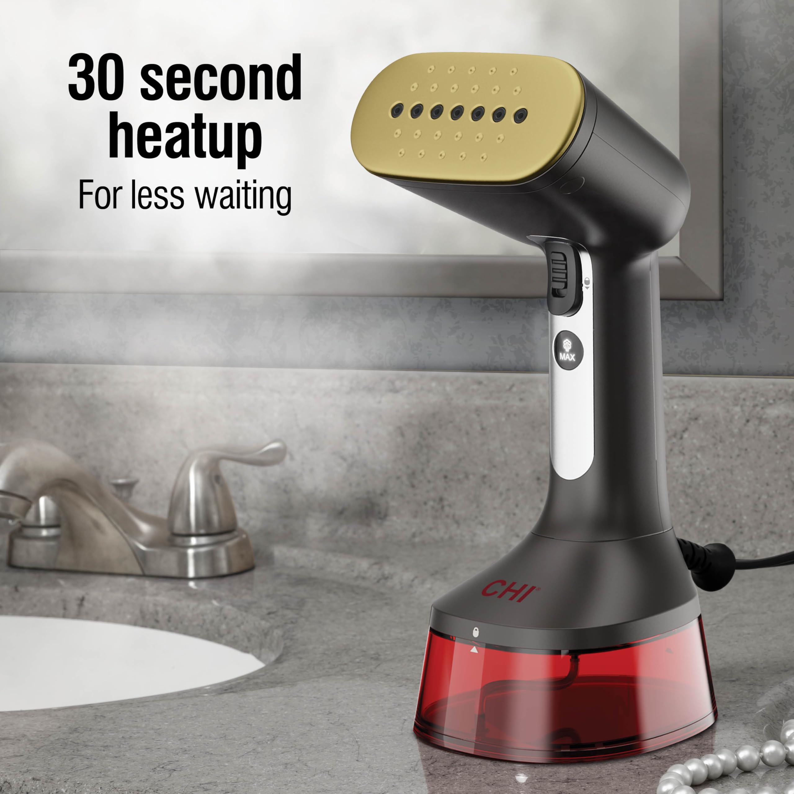 CHI handheld steamer includes detachable fabric brush to smooth coats and upholstery