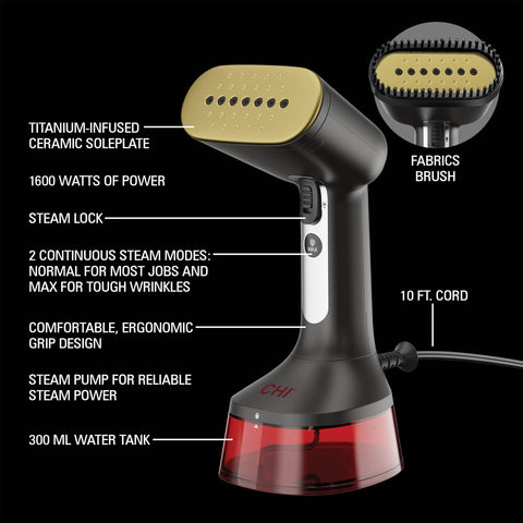 CHI steamer's 10-foot cord reaches drapes and hanging garments easily
