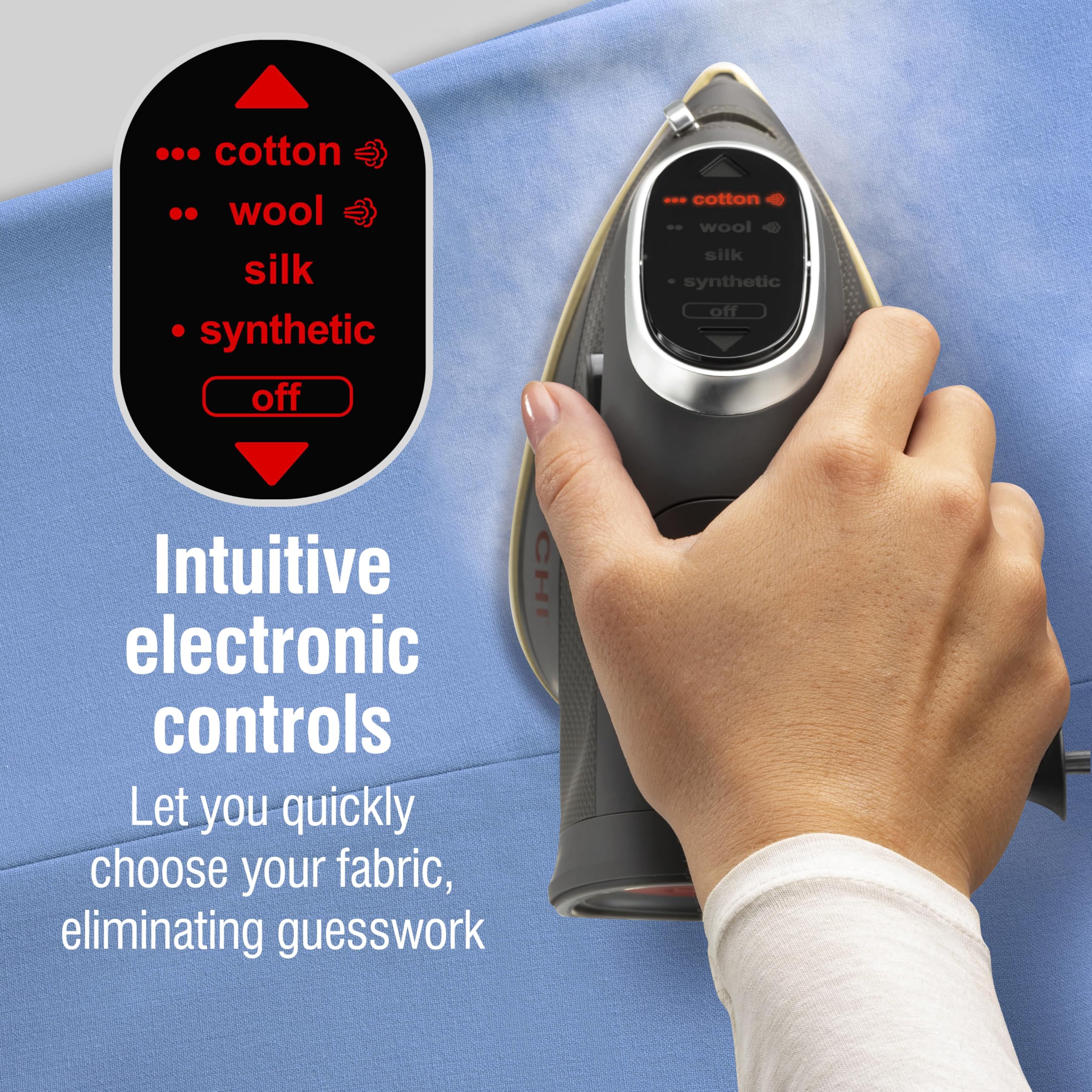 CHI Mini Iron temperature display enables precise fabric settings.