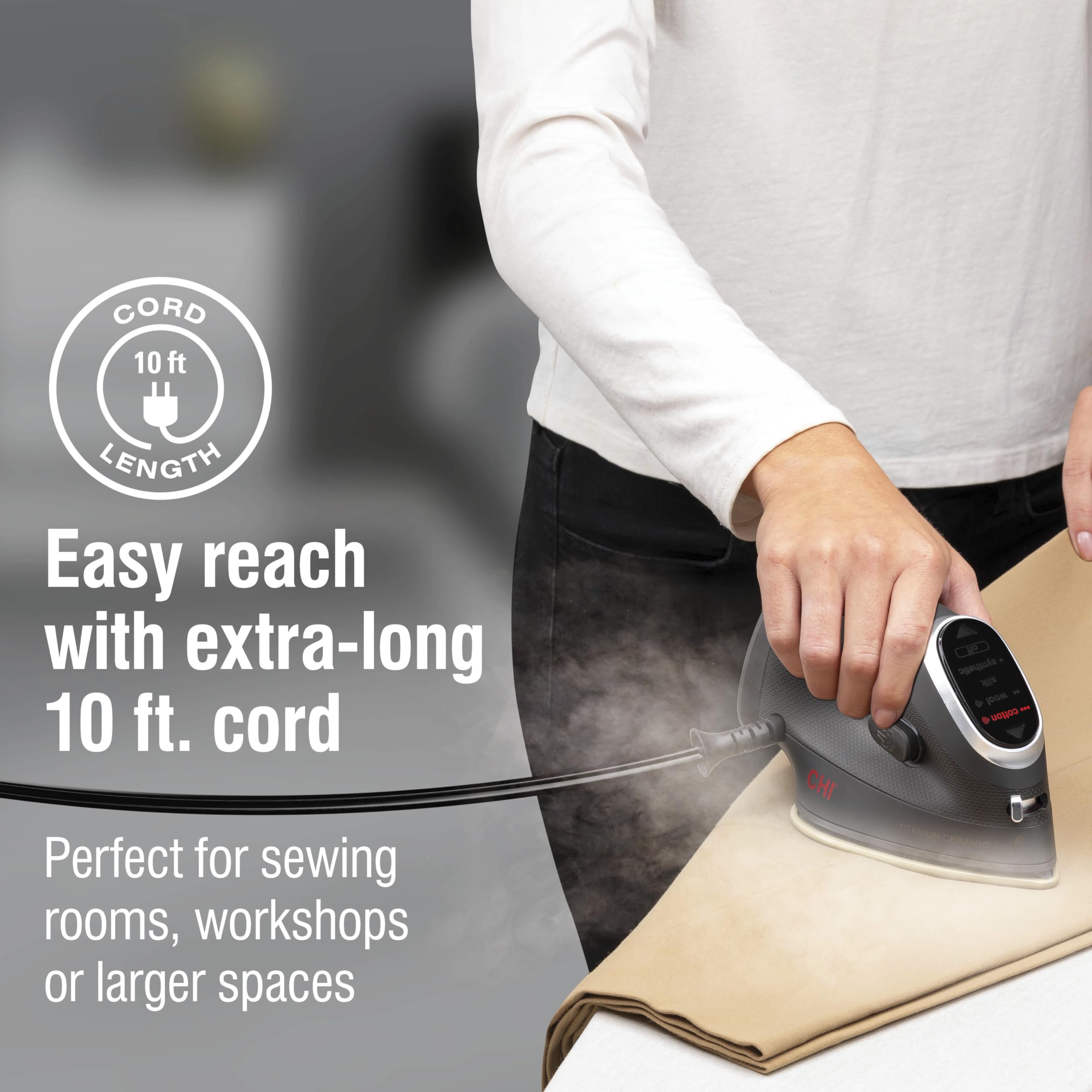 CHI Mini Iron 10-foot cord provides flexible maneuverability.