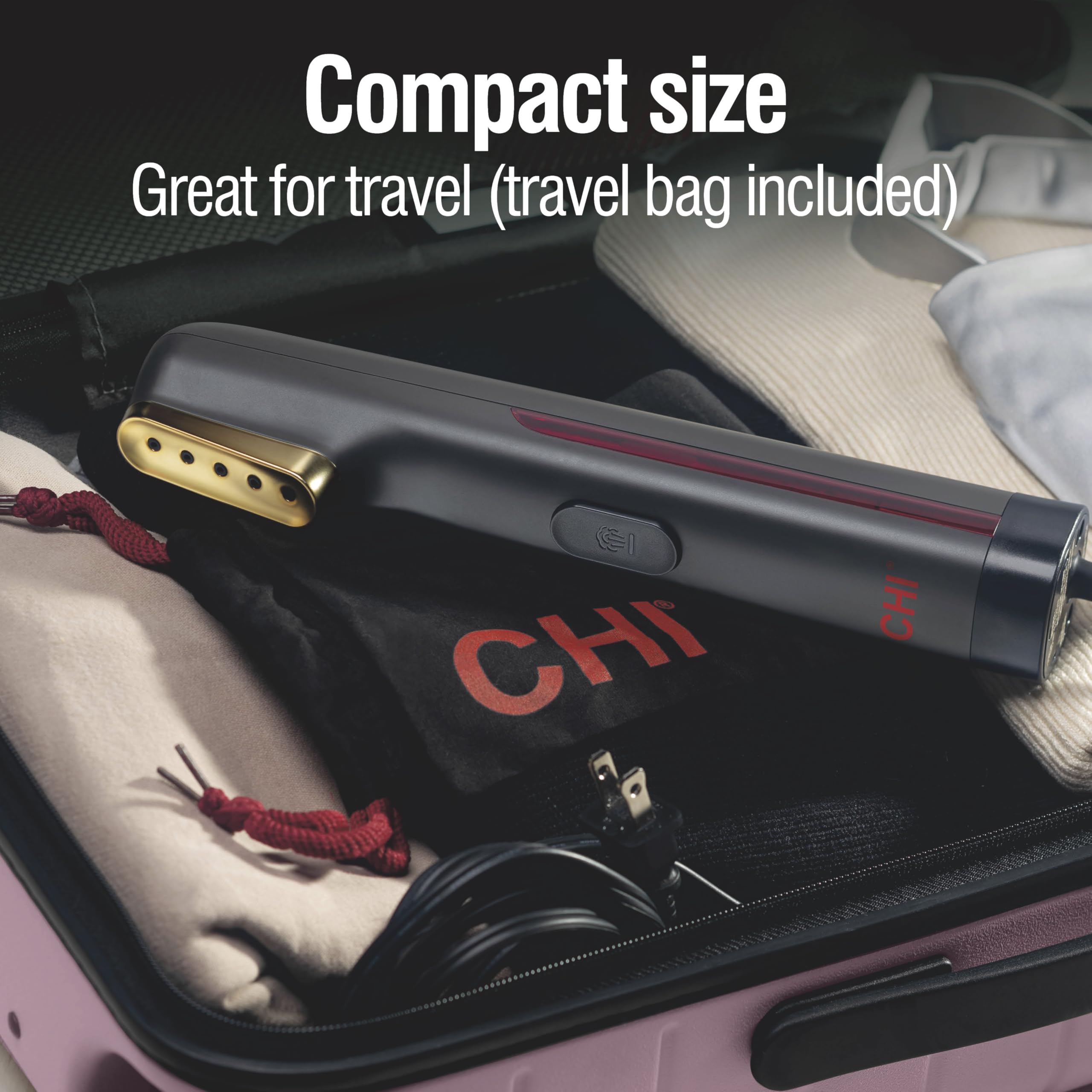 CHI Steam Handheld Garment Steamer angled nozzles direct steam to collars and sleeves.