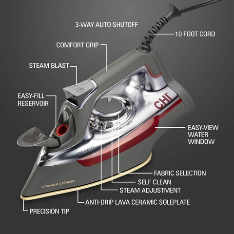 CHI Steam iron cord length image emphasizes a 10-foot reach for flexibility.