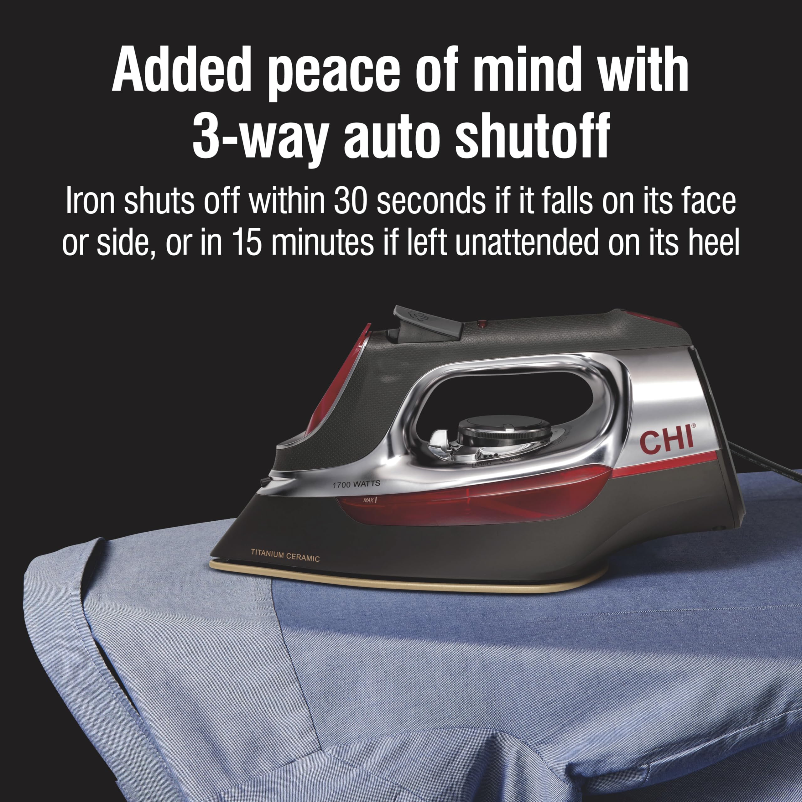CHI steam iron's sleek titanium-infused ceramic soleplate design for durability and scratch resistance