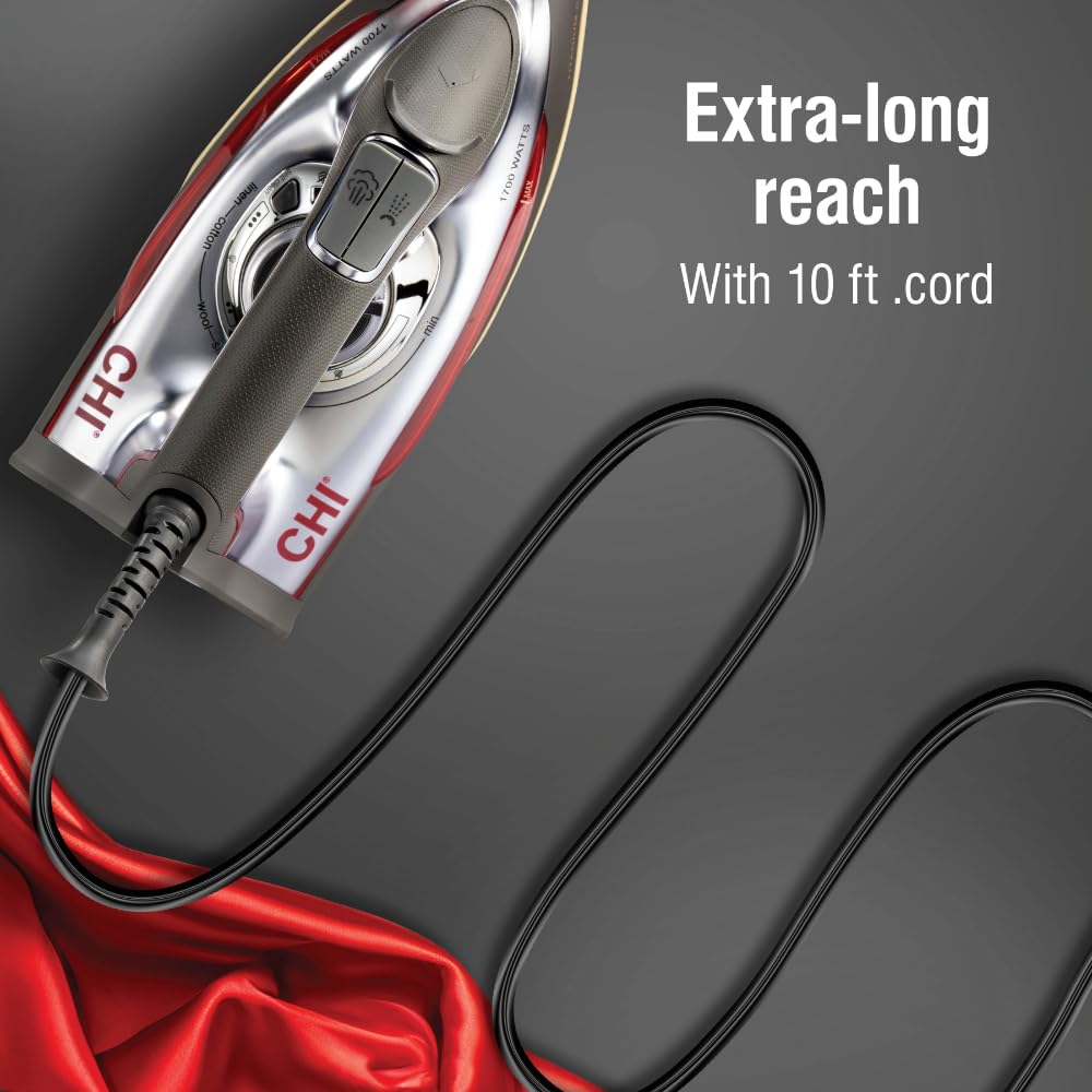 CHI Steam iron steam holes view showcases powerful steam for tough wrinkles.