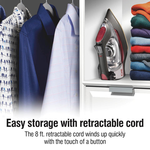 CHI steam iron shows adjustable temperature control dial for fabric-specific settings