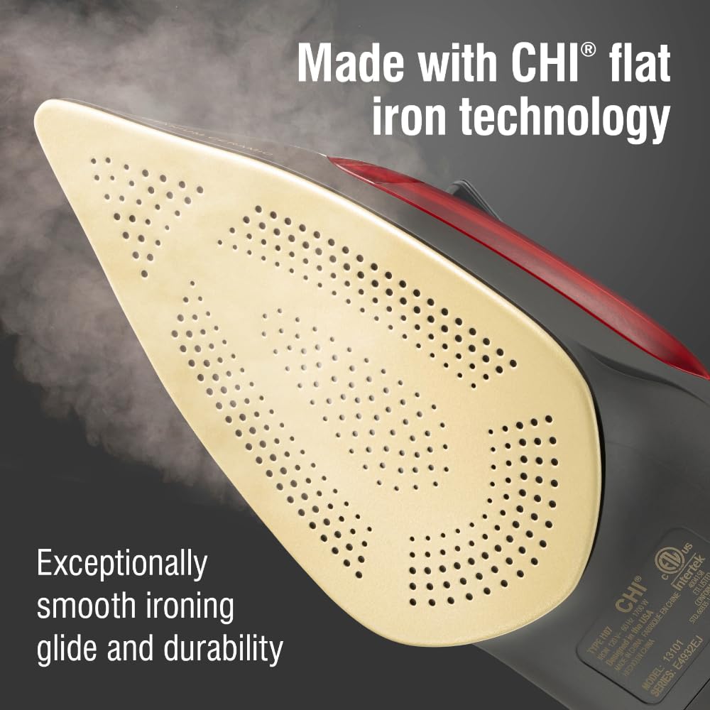 CHI Steam iron top surface shows titanium-infused soleplate for smooth gliding.