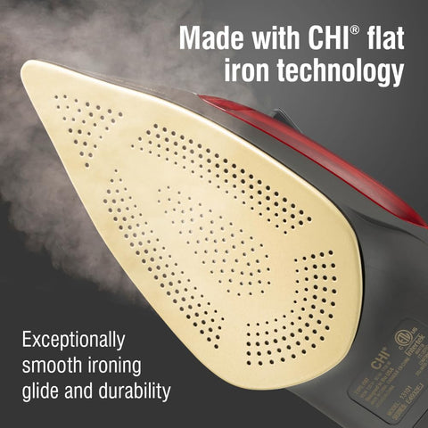 CHI Steam iron top surface shows titanium-infused soleplate for smooth gliding.